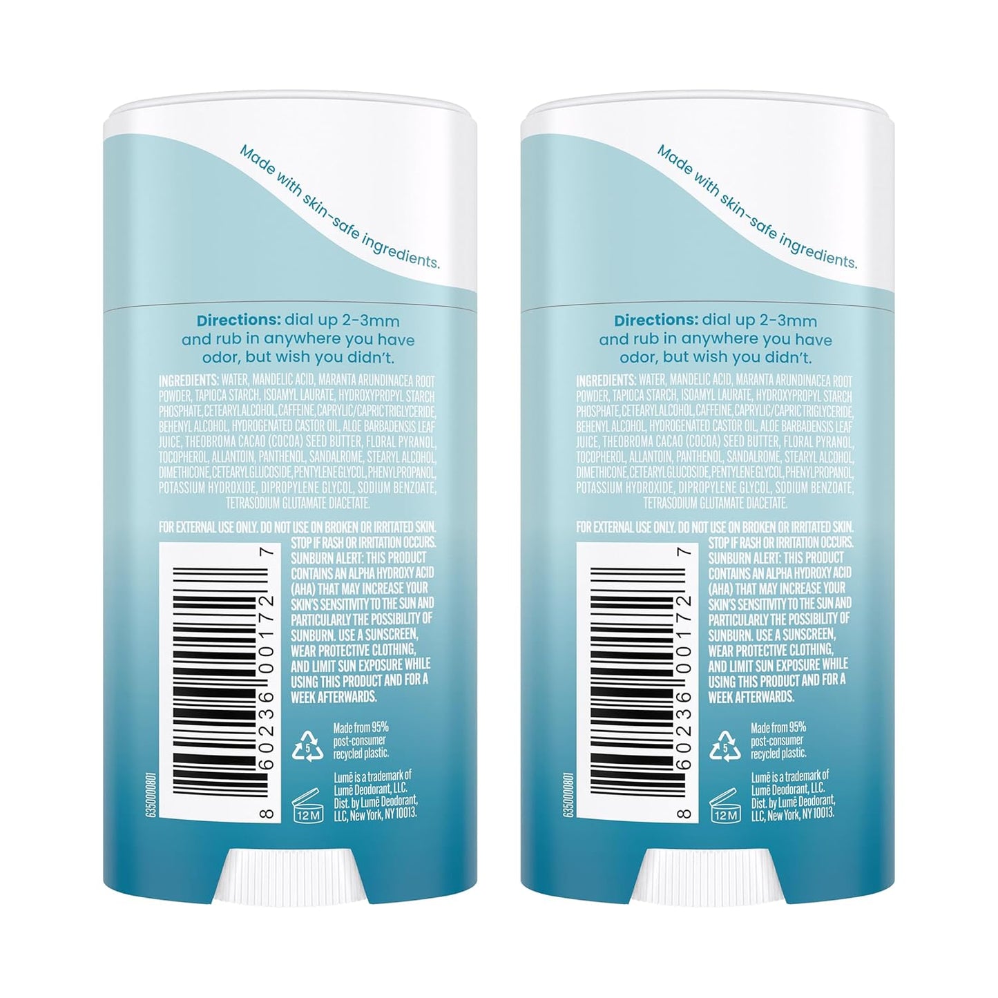 Lume Whole Body Deodorant - Invisible Cream Stick - 72 Hour Odor Control - Aluminum Free, Baking Soda Free, Skin Safe - 2.2 Ounce (Pack of 2) (Unscented)