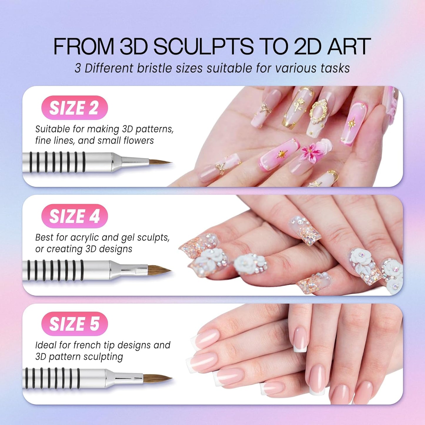 PANA 3D Kolinsky Acrylic Nail Art Sculpture Brush with Silver Metal Non-Slip Grip Handle for Manicures 3D Nail Art Flower Designs (Size #4)