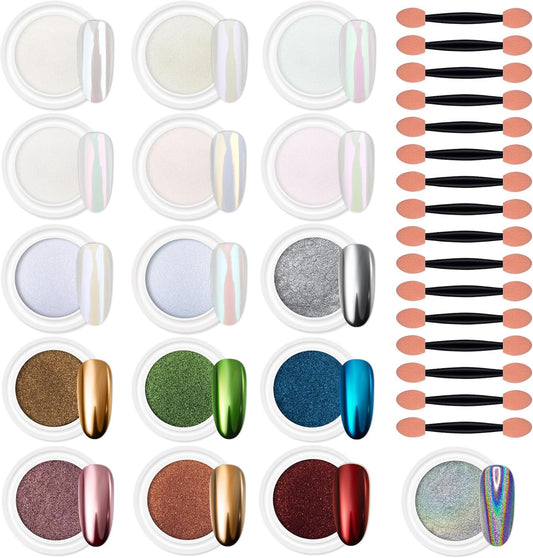 Artdone 16 Colors Chrome Nail Powder, Iridescent Aurora Chameleon Powder Metallic Mirror Effect Pigment Pearlescent Mermaid Pigment Pearl Glitter Dust Kit, Nail Art Decoration, Resin Craft | alldaygood beauty
