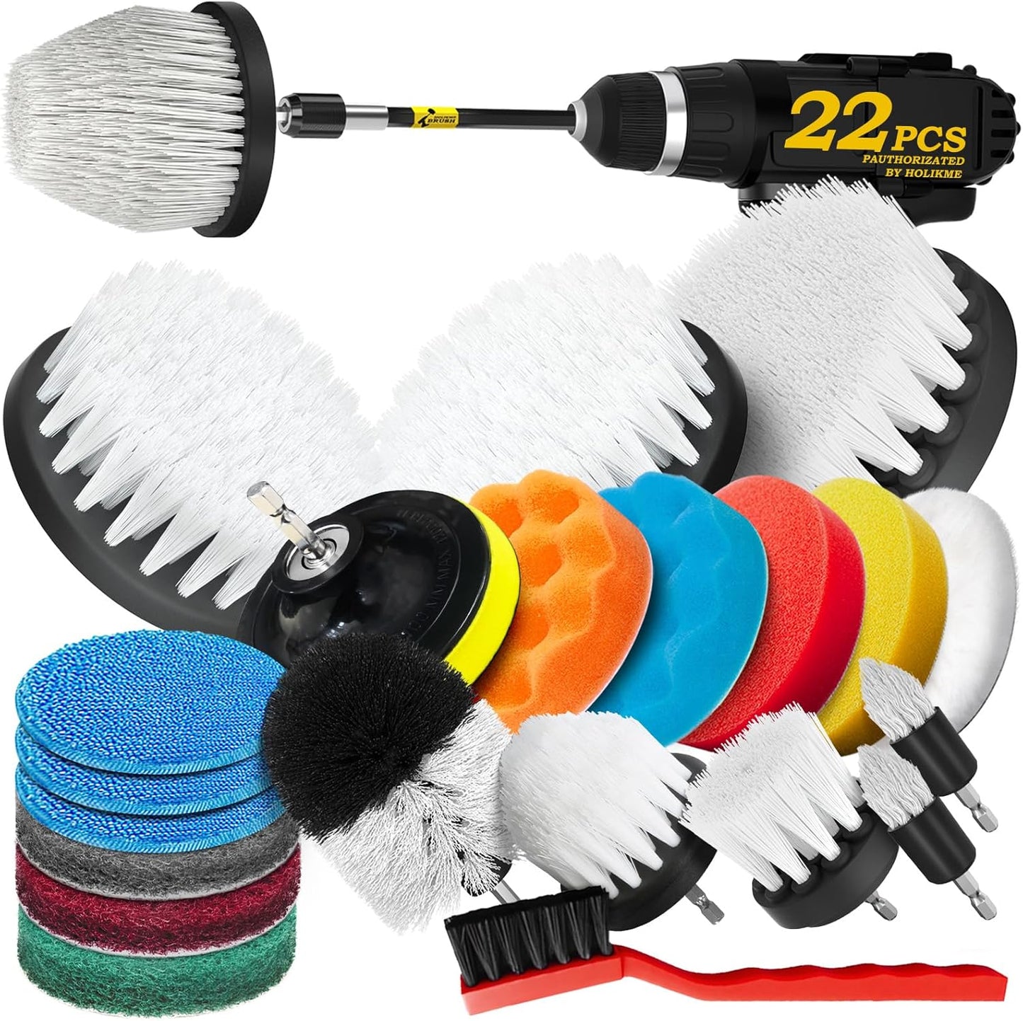 Holikme 22Pack Drill Brush Attachments Set, Scrub Pads & Sponge, Buffing Pads, Power Scrubber Brush, Car Polishing Pad Kit,Wax Applicator Pad,Car Cleaning Kit,Cleaning Supplies,Masonry Brushes,White