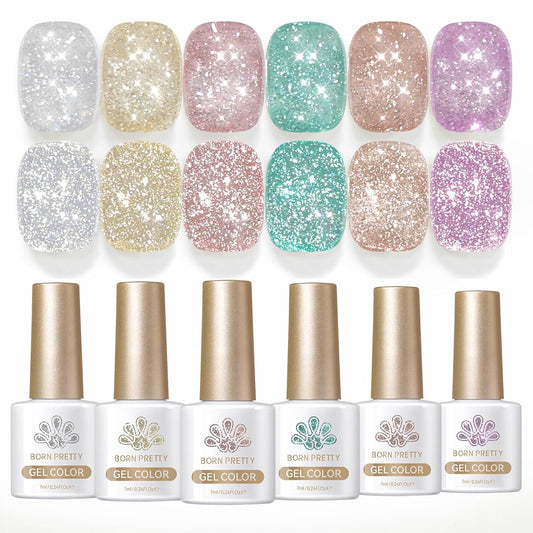Born Pretty Reflective Glitter Gel Nail Polish, 6 Spring Summer Colors Holographic Gel Polish Long Lasting Sparkly Shiny Nail Polish U V Set for Manicure and Nail Art, DIY at Home, Salon-Quality 7ml | alldaygood beauty