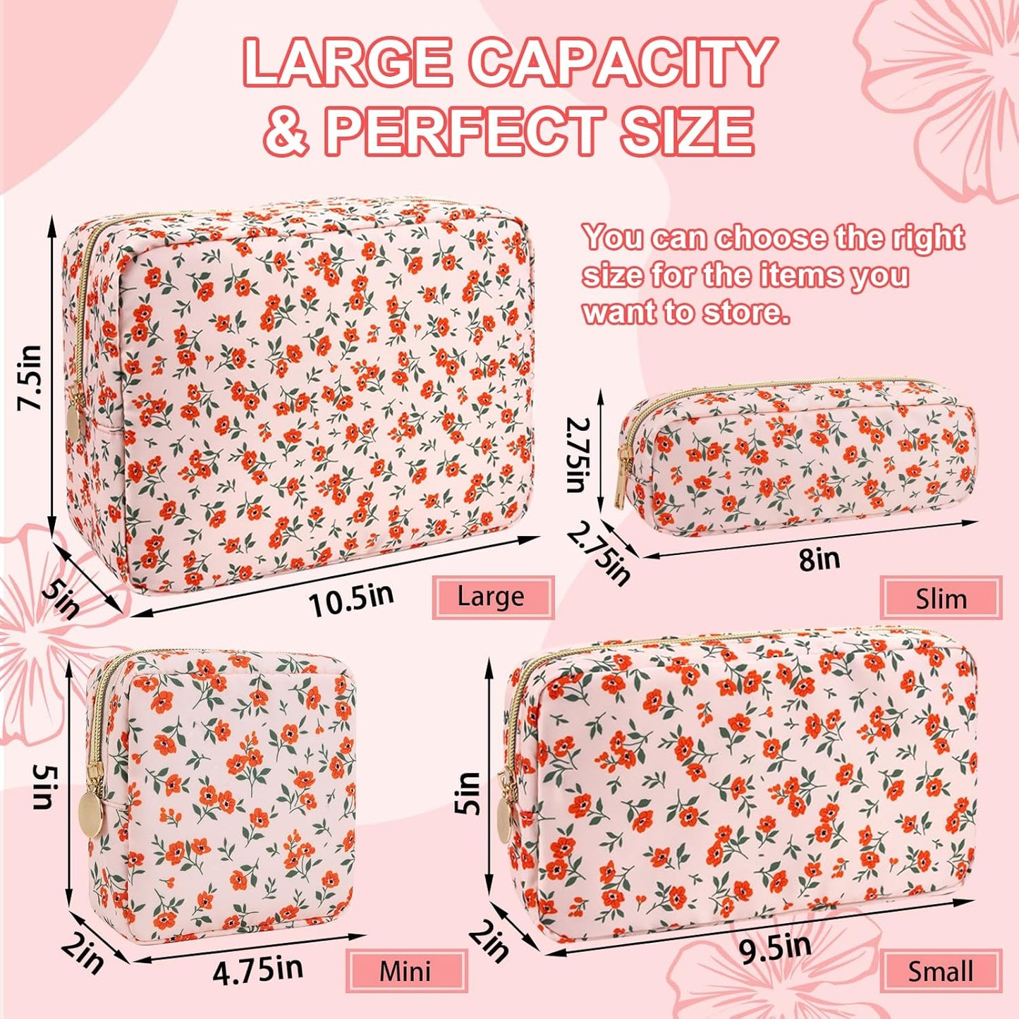 Waterproof Small Floral Pencil Case Makeup Bag for Purse,Cute Flower Pencil Pouch Preppy Nylon Makeup Brush Holder with Zipper,Girls Portable Storage Case Small Pen Bag for Work(Slim Pink-Flowers)