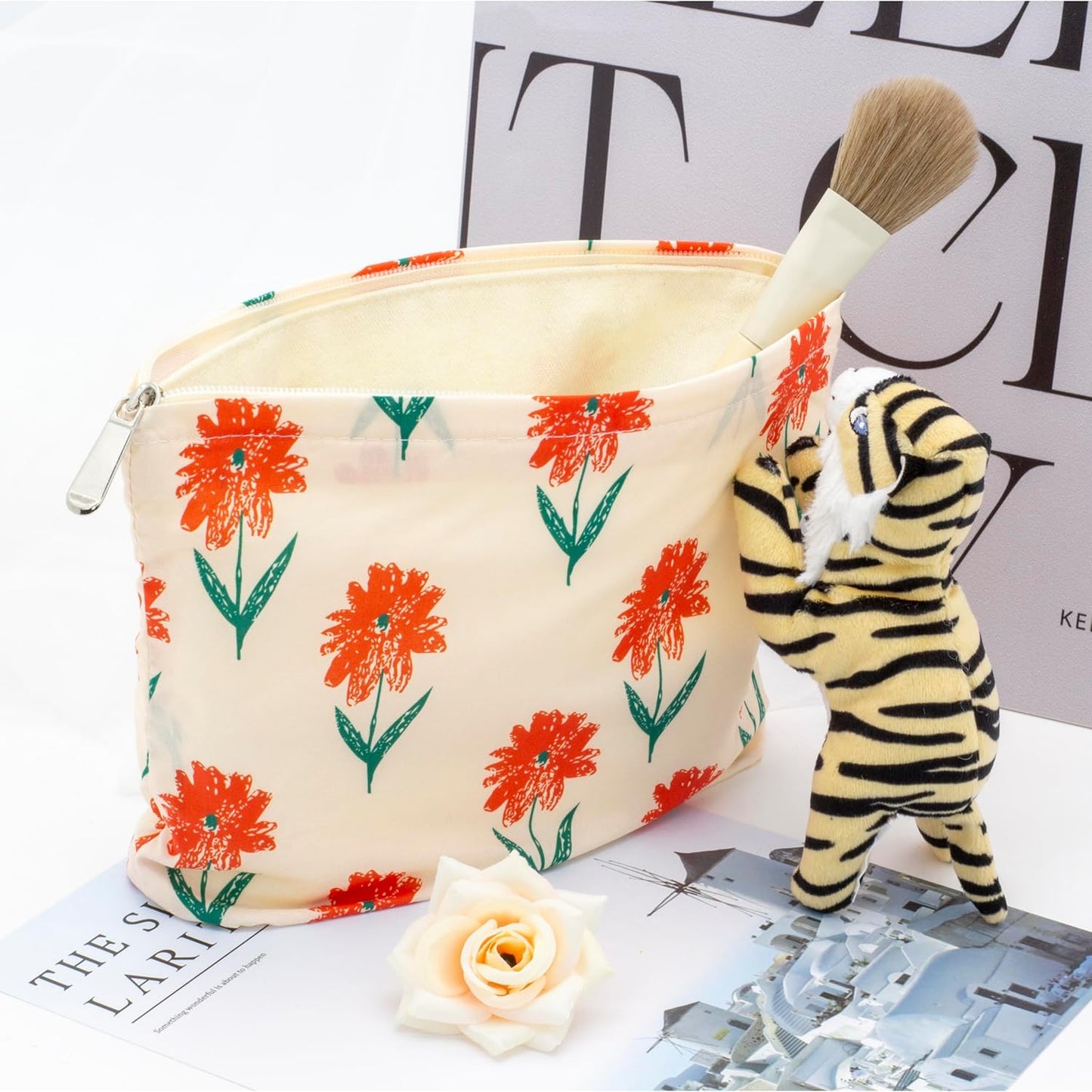 PAZIMIIK Floral Makeup Bag Large Cotton Zipper Pouch for Purse Travel Canvas Make Up Organizer for Women Cosmetic,Small Flower