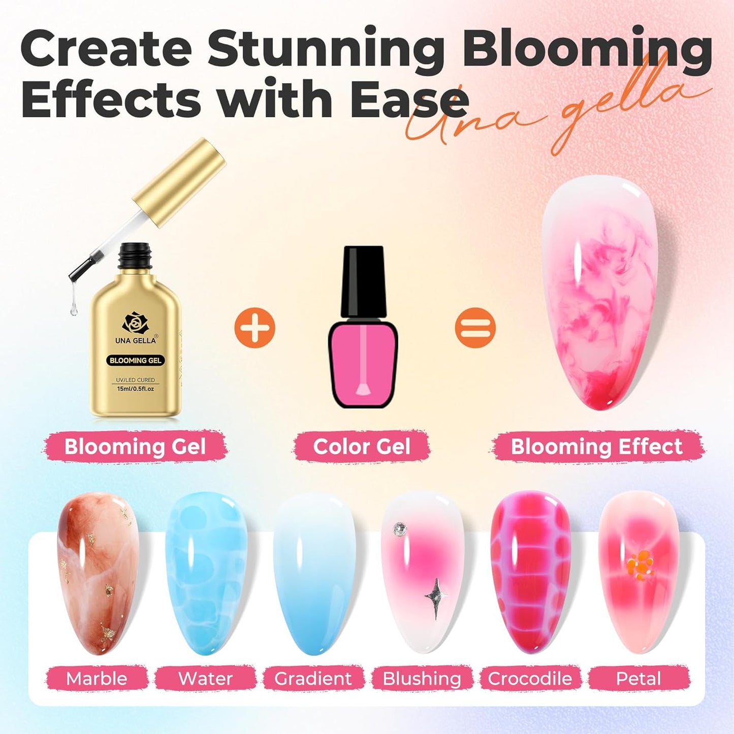 UNA GELLA Blooming Gel Nail Polish 15ml Super Clear for Spreading Effect U V/LED Needed Nail Blooming Gel for Marble Natural Stone Floral Print Watercolor Effect Design Soak Off Home DIY Salon