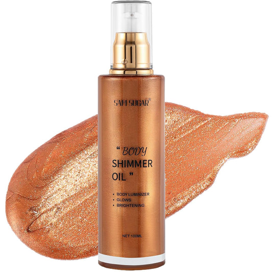 Shimmer Body Oil, Long Lasting Moisturizing Body Glow Glitter for Women Face Luminizer Highlighter Makeup 100ml Shimmer Oil for Glowing Skin Lotion (Bronze Gold) | alldaygood beauty