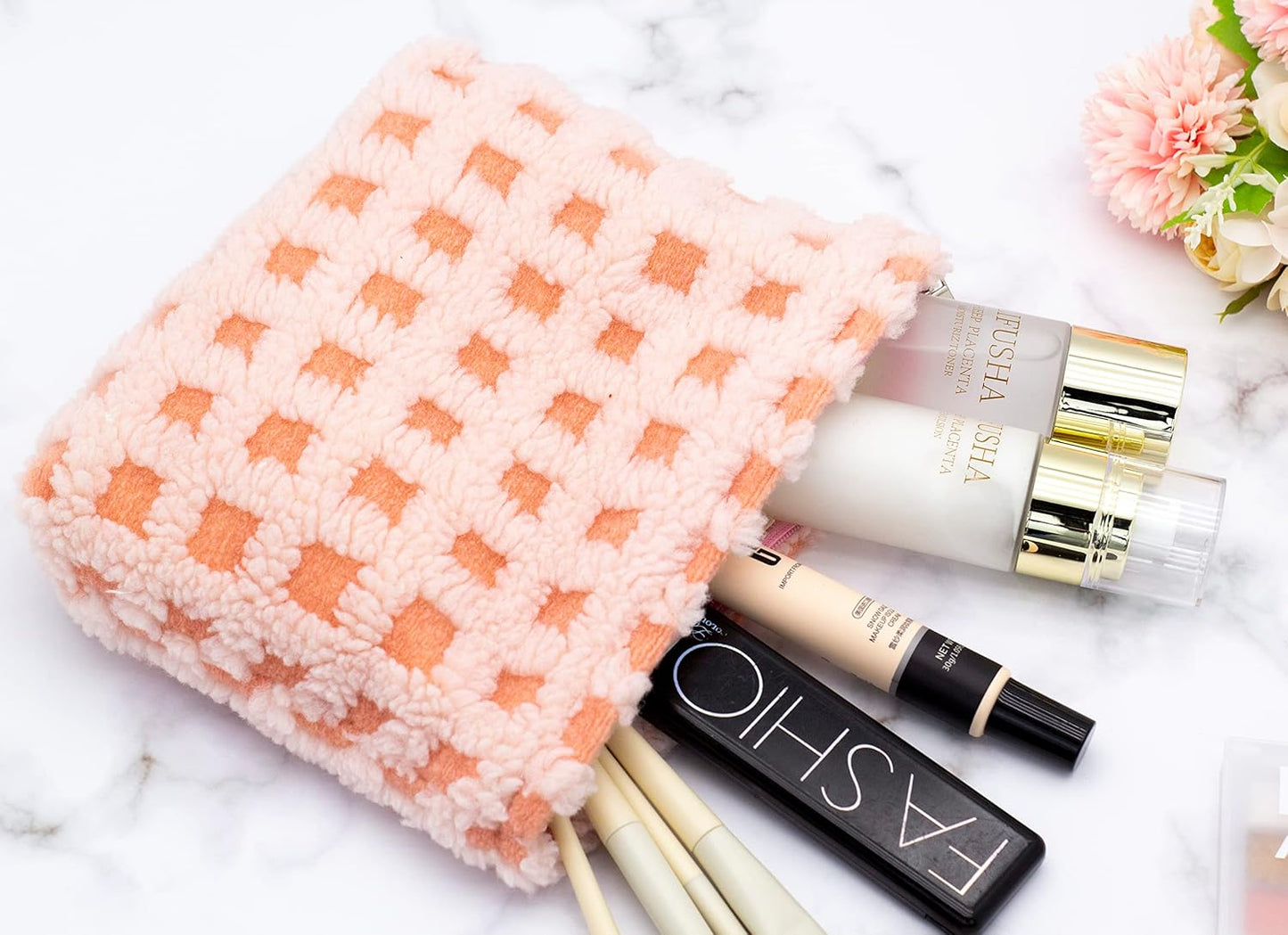 Makeup Bags for Purse Zipper Cosmetic Pouch Large Travel Make Up Organizer Tool Pouch for Women and Girls,Fleece Pink