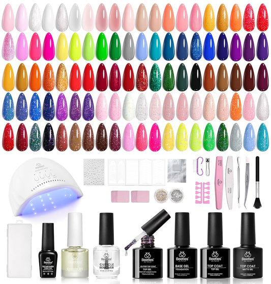 Beetles 85 Pcs Gel Nail Polish Kit with U V Light - 55 Colors Jelly Pink Gel Nail Kit Style Manifesto with Base Top Coat for All Seasons, Red Jelly Pearl Gel Polish Set DIY Nail Art Gifts for Women | alldaygood beauty