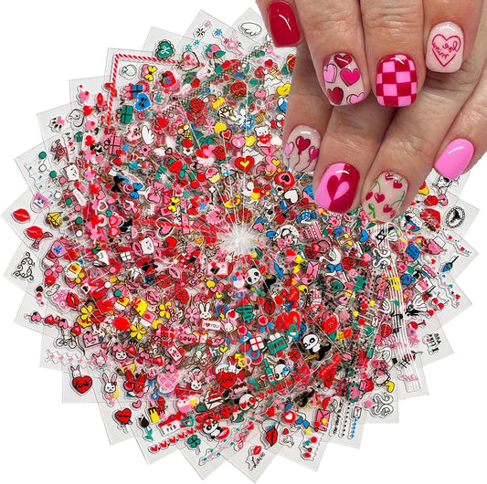 30 Sheets Heart Valentine Nail Art Stickers Decals 3D Self-Adhesive Pegatinas Uñas Red Heart Nail Decals Red Lips Rose Nail Supplies for DIY Acrylic Nail Art Decoration for Women and Girls | alldaygood beauty