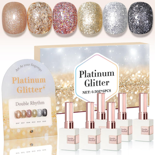 Double Rhythm 0.5 Oz Glitter Gel Polish Set of 6 Color with Display Borad 15 ml Full Size Kit Shimmer Reflective Sparkle Soak Off Manicure Salon DIY at Home (Rose Gold Silver Black Bright-T6-38) | alldaygood beauty