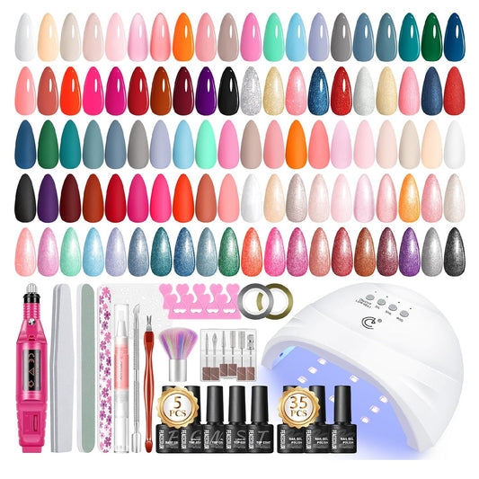 PEACECOLOR 53PC Gel Nail Polish Kit with U V Light and Drill, 35 Colors All Season Gel Polish Set Starter Kits with 5pc Matte Glossy Glitter Base Top Coat Complete Manicure Tools Home Salon Women