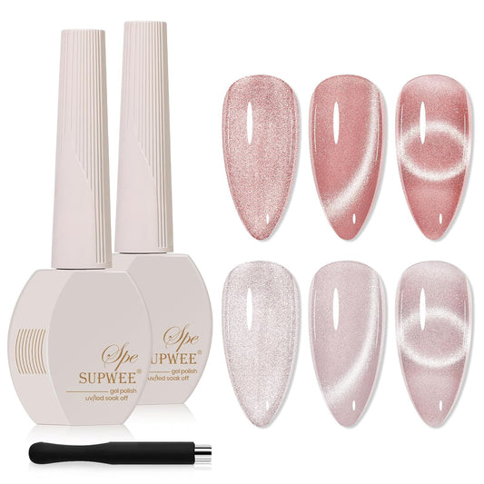 2PCS 15ML CatEye Gel Nail Polish, Nude Pink Cat eye Gel Polish Crystal Glitter Shimmer Effect with Magnetic Stick Soak Off Salon DIY at Home | alldaygood beauty