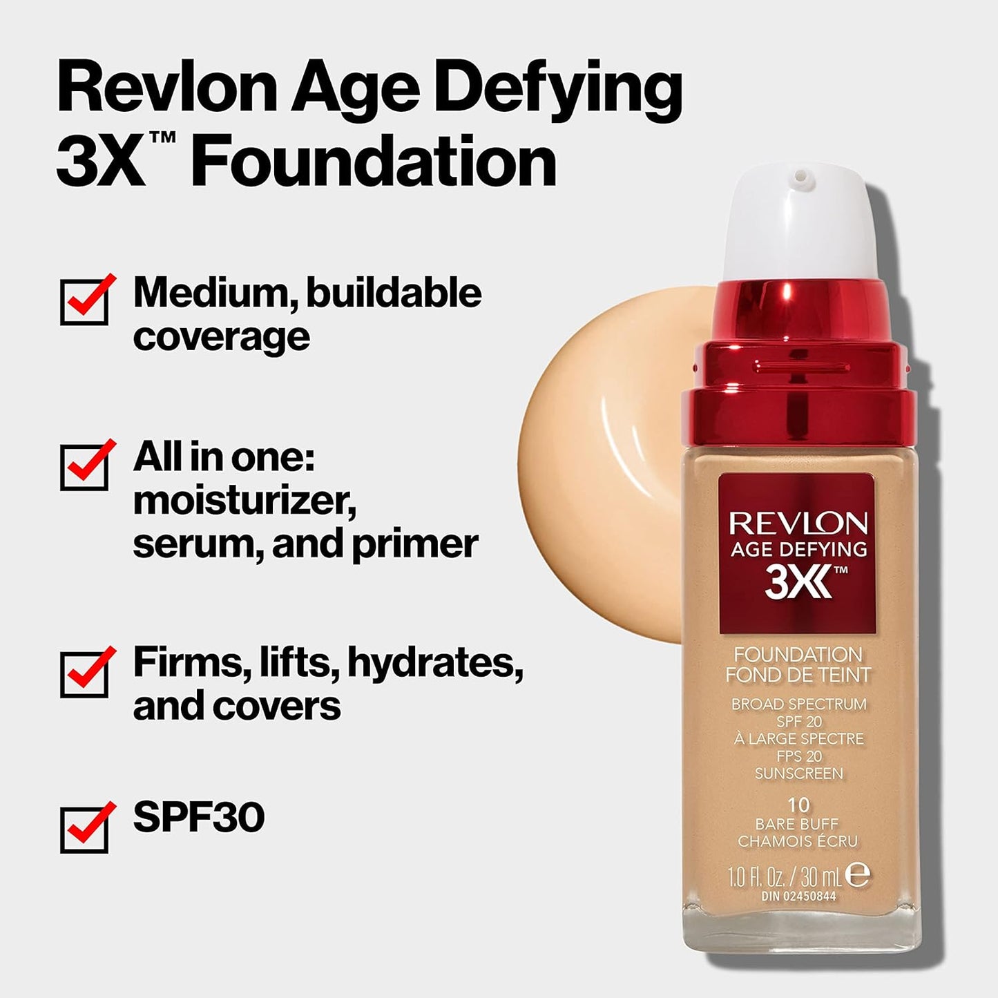 Revlon Liquid Foundation, Age Defying 3XFace Makeup, Anti-Aging and Firming Formula, SPF 30, Longwear Medium Buildable Coverage with Natural Finish, 050 Honey Beige, 1 Fl Oz