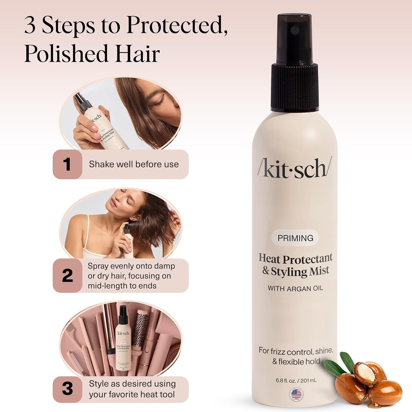 Kitsch Heat Protection Spray for Hair – Heat Protectant for Hair with Argan Oil – Styling Hair Spray for Frizz Control, Shine & Damage Protection – Protects Strands Up to 450°F – 6.8oz