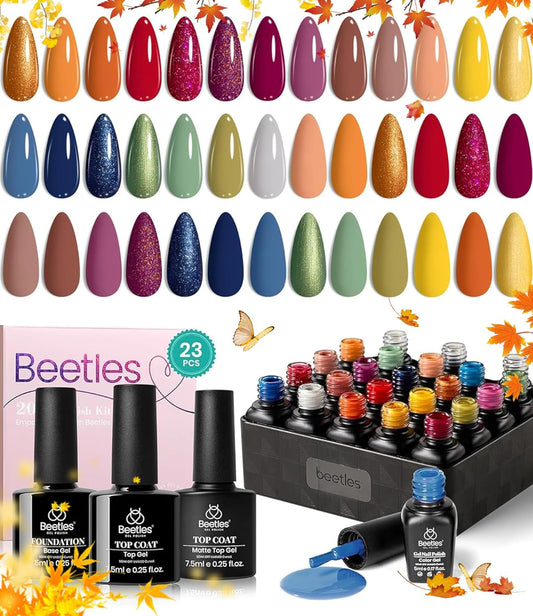 Beetles Fall Gel Polish Set, 20 Colors Orange Yellow Burgundy Red Glitter Green Shades Gel Nail Polish with Base Matte & Glossy Top Coat Soak off Manicure Gifts for Women | alldaygood beauty