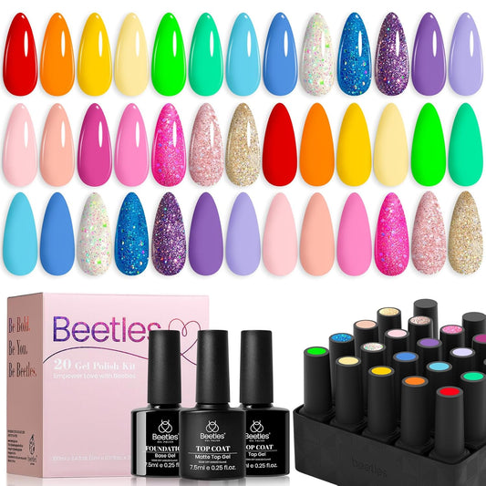 Beetles Summer Gel Nail Polish Set Green Pink Blue Glitter Nude Manicure Kit 23 Pcs 20 Colors Gifts for Women with Base Matte Glossy Top Coat Uv Lamp Needed Rainbow Magic | alldaygood beauty