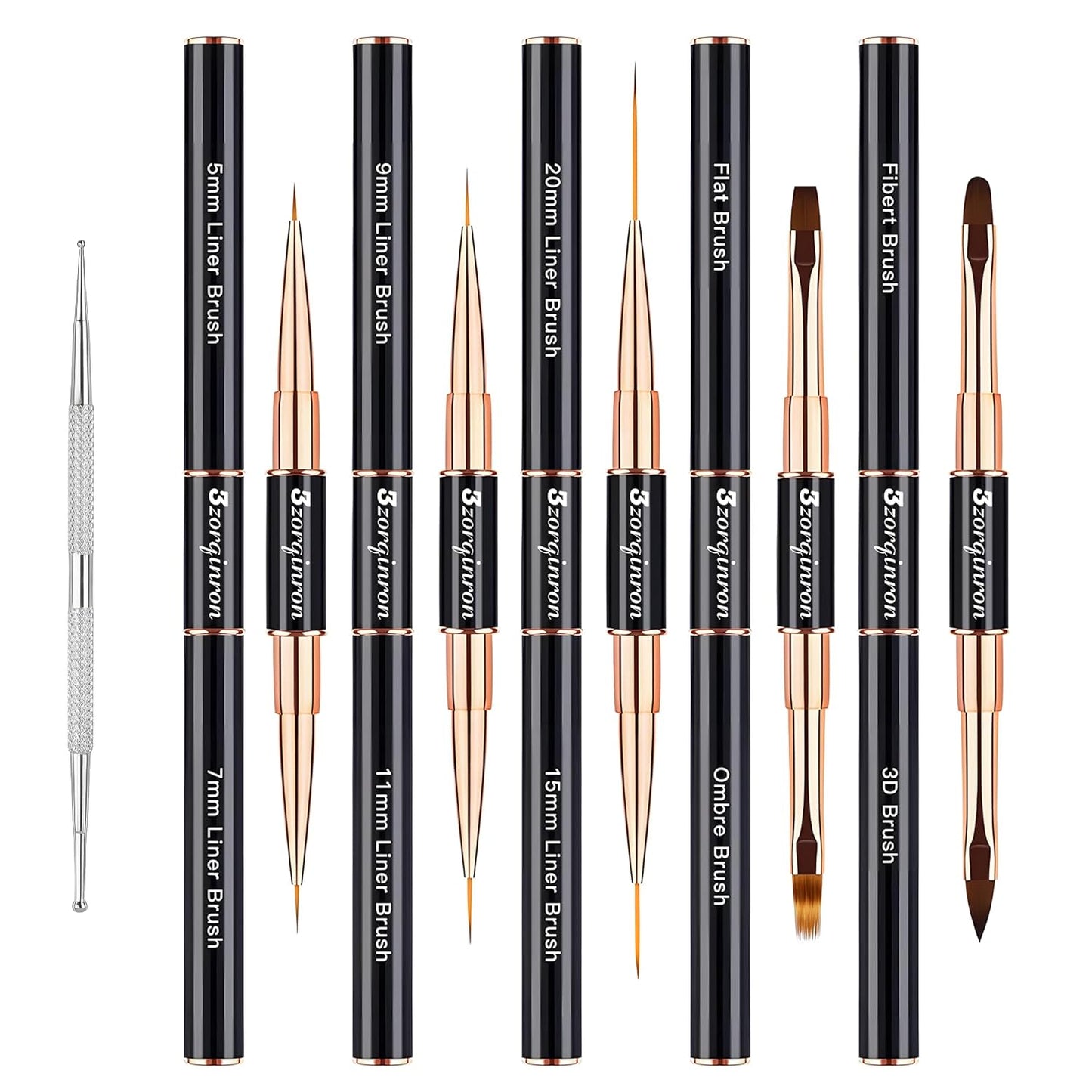 Nail Art Bushes Set, Professional 5Pcs Double-Ended Nail Brush Kit for Details, Long Lines, Ombre & 3D Design-Perfect for DIY Manicures & Salons (Black)