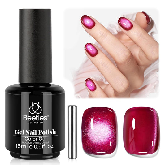 Beetles Red Cat Eye Gel Nail Polish - 15ML Cherry Red Glass Cat Eye Magnetic Glitter Gel Polish with Pink Powder Sheer Gel Soak Off UV Cherry Shimmer Collection Nail Art Design Manicure Gift for Women | alldaygood beauty
