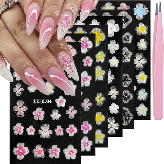 Nail Art Stickers Decals 5D Embossed Flower Nail Decals Self Adhesive Spring Summer Plumeria Nails Supplies 3D Design for Women Nails Decoration Yellow Black Flower Stickers | alldaygood beauty
