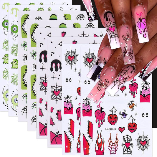 8Sheets Halloween Nail Stickers for Nail Art,3D Self-Adhesive Cute Ghost Spider Nail Decals Pink Red Horror Pumpkin Heart Spider Web Nail Design Nails Supplies for Women Manicure Holiday Decorations | alldaygood beauty