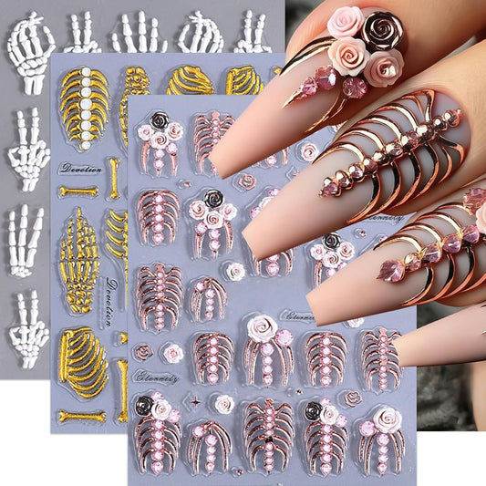 3 Sheets 5D Embossed Skull Nail Stickers for Nail Art Skeleton Nail Decals White Hand Bones Finger Skeleton Halloween Nail Art Supplies Gothic Nail Sticker for Women Halloween Nails Tips Decoration | alldaygood beauty