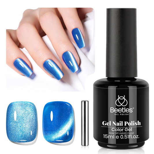 Beetles Blue Cat Eye Gel Polish, 15ML Blue Cat Eye Glitter Gel Polish with Magnet Soak Off UV Shimmer Velvet Gel Stellar Blue Series French Nail Art Manicure Gifts for Women | alldaygood beauty