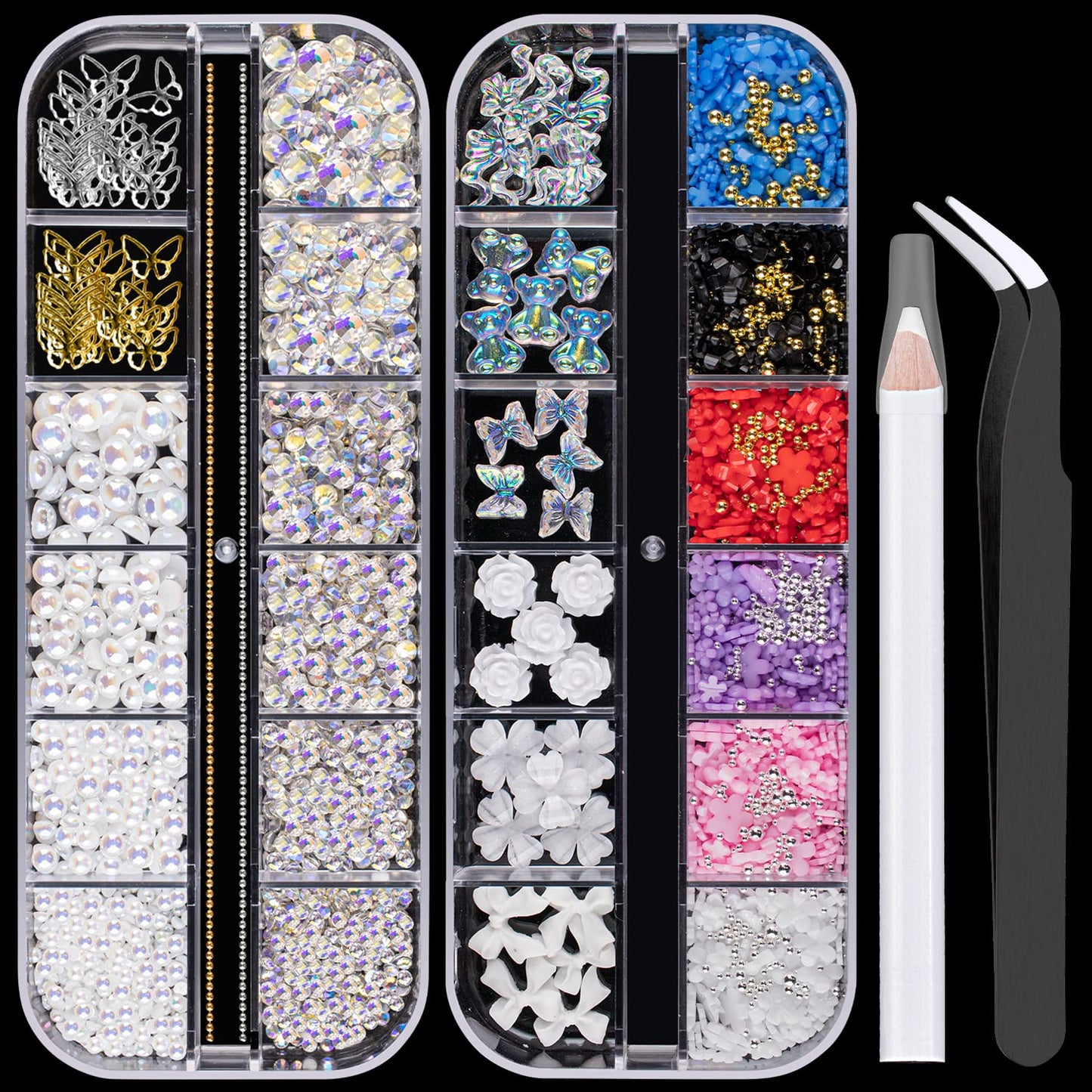 Mixed 3D Nail Art Gem Decoration Accessories Kit #11, Aurora Bear Bow Butterfly Starry AB Rhinestone Charm Jewelry for Deco, Pearl Flower Caviar Bead Stone Crystal with Pickup Pencil and Tweezer