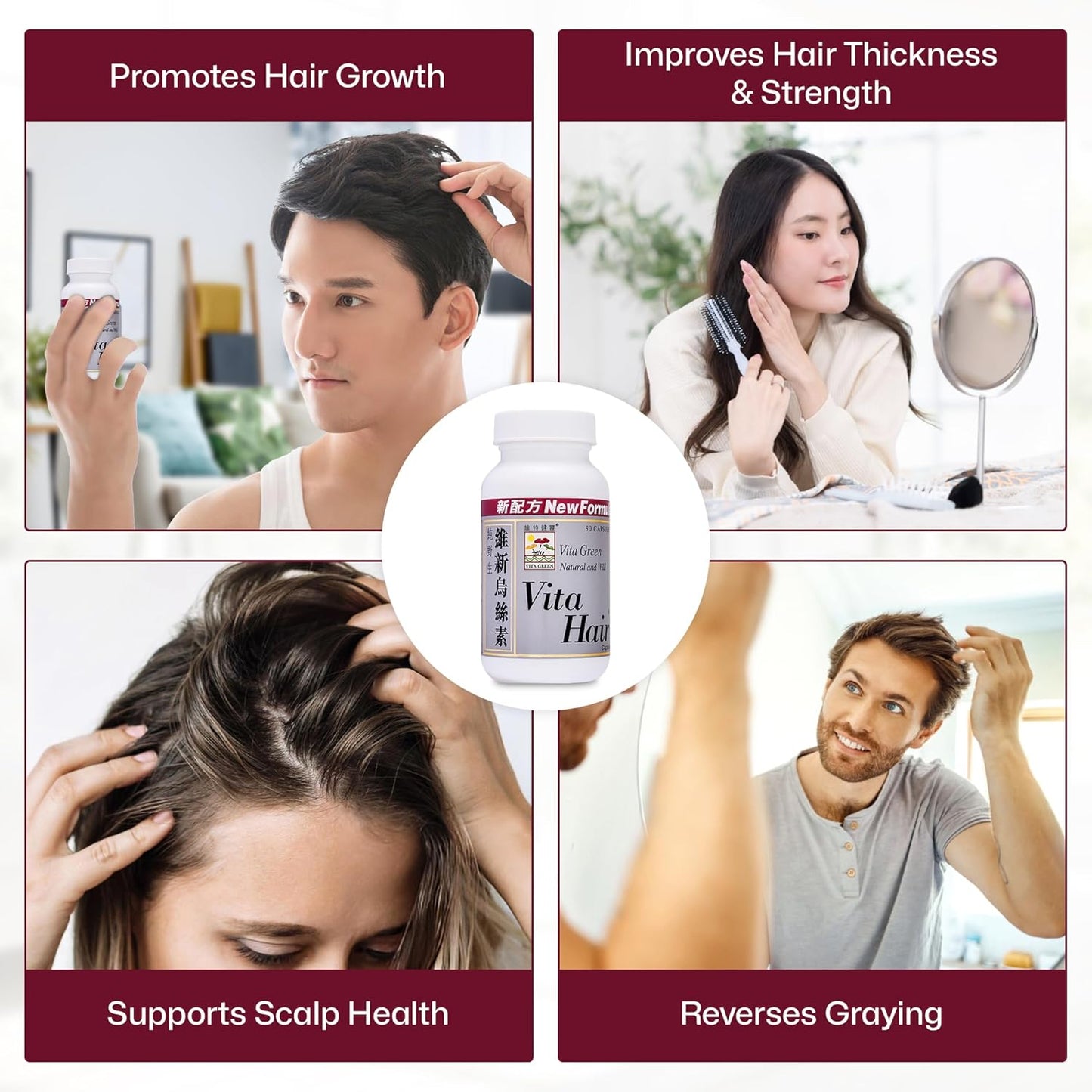 Vita Hair Growth & Hair Loss Supplement - 100% Natural Herbs Potent Formula for Graying Thinning Hair - Stimulate New Hair Follicles - 90 Capsules
