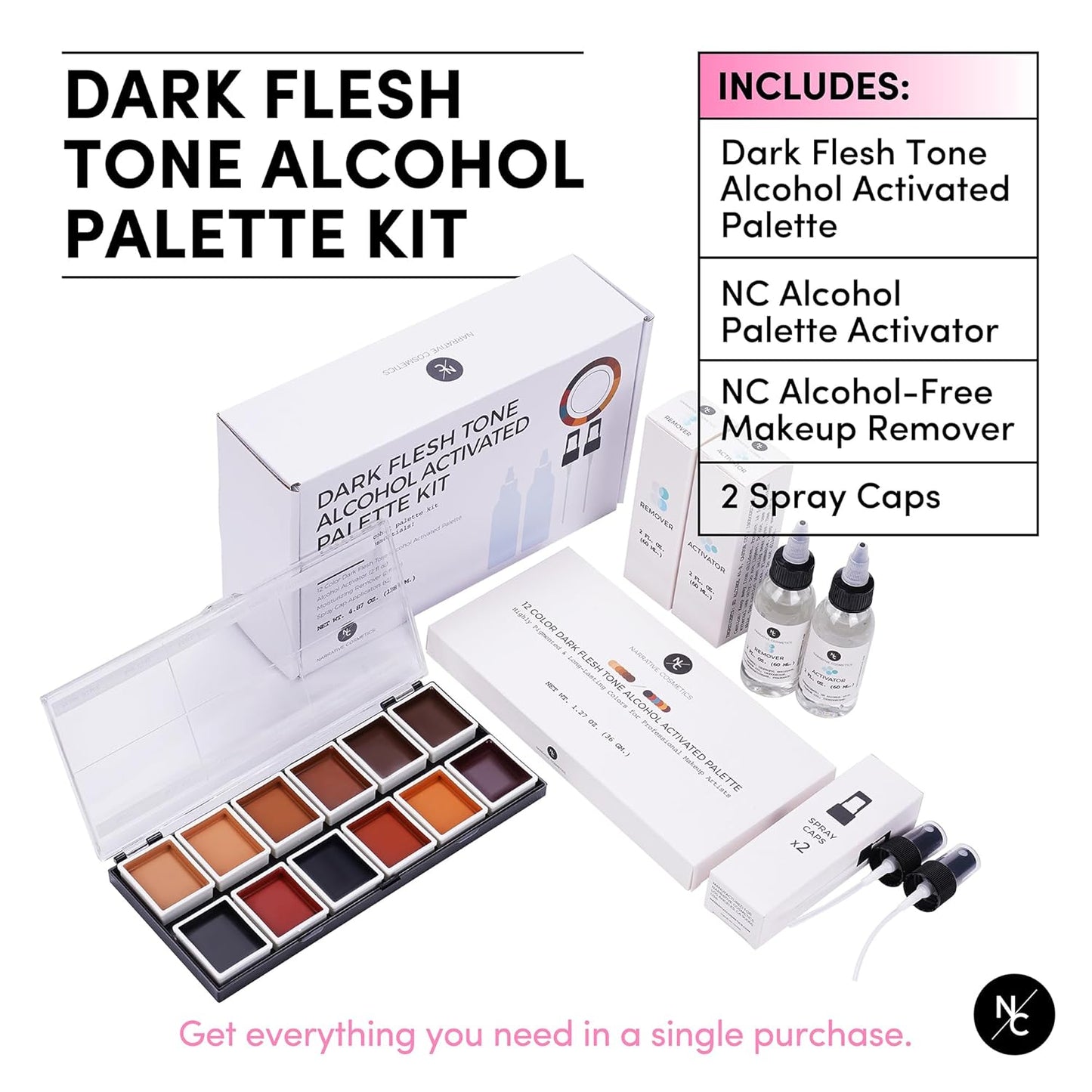 12 Color Dark Flesh Tone Alcohol Activated Makeup Palette Kit - Includes Alcohol Activator and Moisturizing Remover - Waterproof Makeup for Professional Makeup Artists
