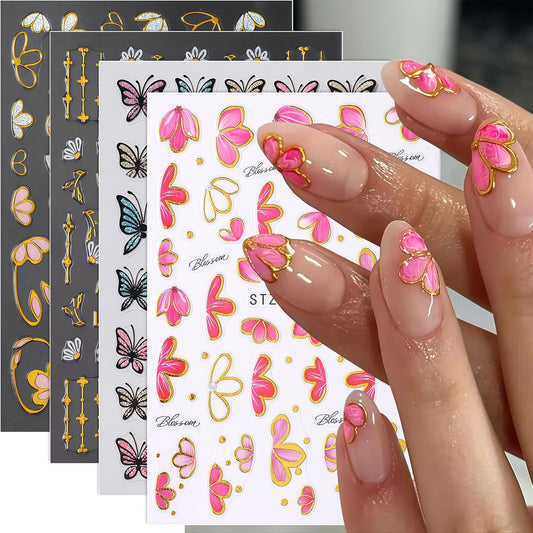 Flower Nail Art Stickers Decals, 4 Sheets 3D Self-Adhesive Flower Butterfly Nail Decals Nail Art Supplies Designs Decorations Accessories for Women Girls