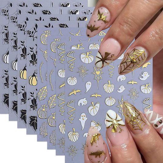 8 Sheets Halloween Nail Stickers Nail Decals 3D Self-Adhesive Glitter Pumpkin Ghost Nail Supplies Gold Heart Spider Web Bat Black Leaf Nails Design Nail Decor for Halloween Party DIY Manicure Supplies | alldaygood beauty