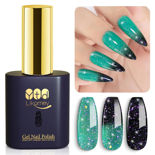 YTD Likomey Brocade Glitter Color Changing Gel Nail Polish,15ml Bright Green To Dark Green Shimmer Mood Temperature Change Colors,Fall Winter Ombre Thermal UV Nail Gel,WB349 | alldaygood beauty