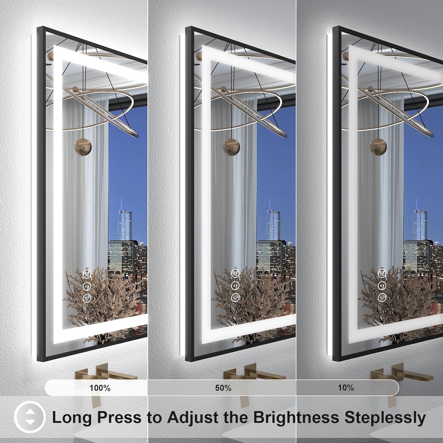 OKPAL 72x40 Framed LED Bathroom Mirror with Lights, Large Lighted Vanity Mirrors for Bathroom Wall, Dimmable, Anti-Fog, Shatter-Proof, Memory, ETL Listed (Front Light + Backlit)