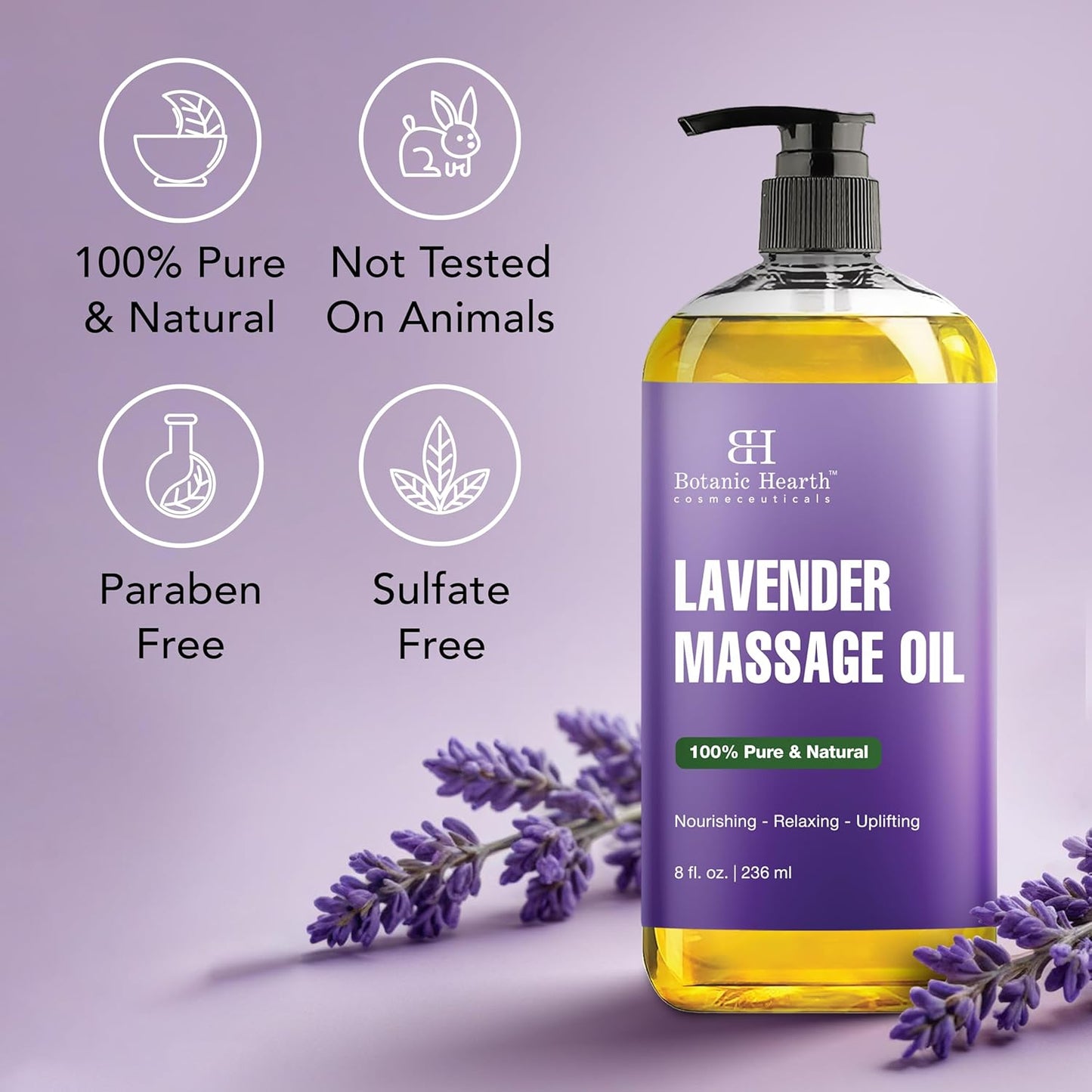 Lavender Massage Oil with Pure Lavender Oil (8 Fl Oz) Skin Tightening Massage Oil for Massage Therapy and Instant Absorption for Bum Thighs and Belly by Botanic Hearth