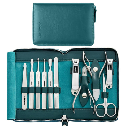 FAMILIFE Nail Kit, Professional Manicure Set Manicure Kit, 11 in 1 Stainless Steel Nail Clippers Set Pedicure Tools, Men Grooming Tool with Portable Blue Leather Travel Case Luxury Gifts for Him | alldaygood beauty
