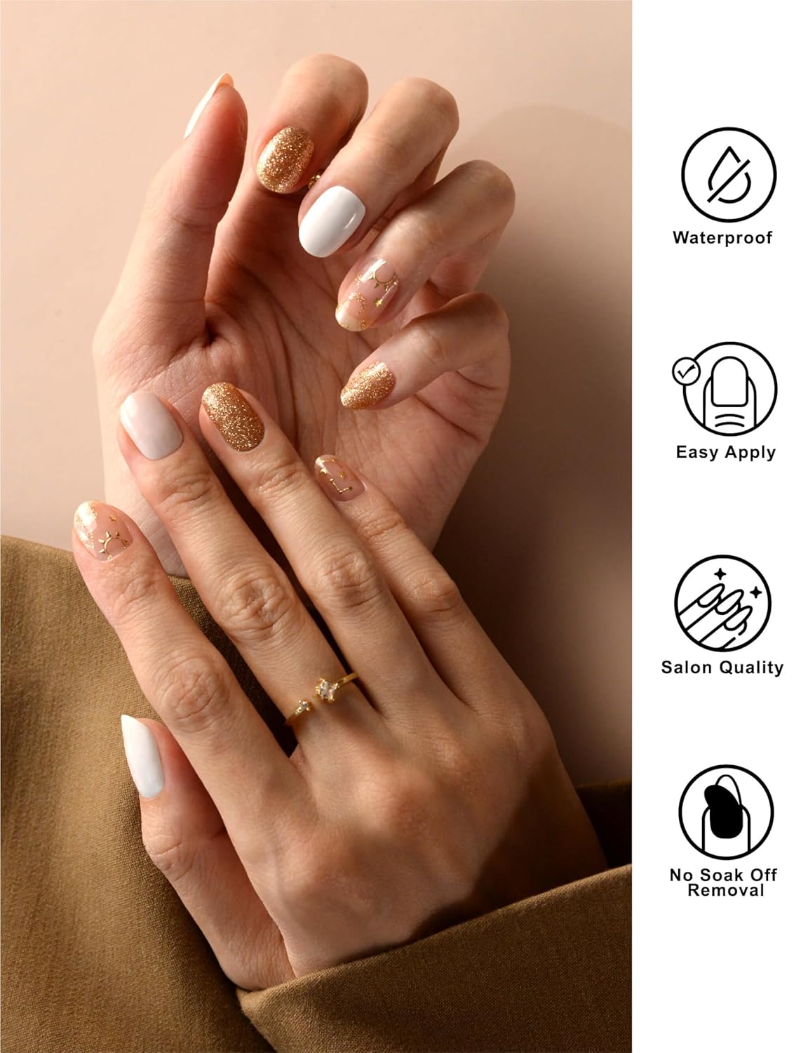 Nail Polish Strips, 44PCS Salon Quality Wraps with Top Coat, Long Lasting Gel Nail Stickers for Women Easy Apply& Remove (Planetesimal Pink&Gold)