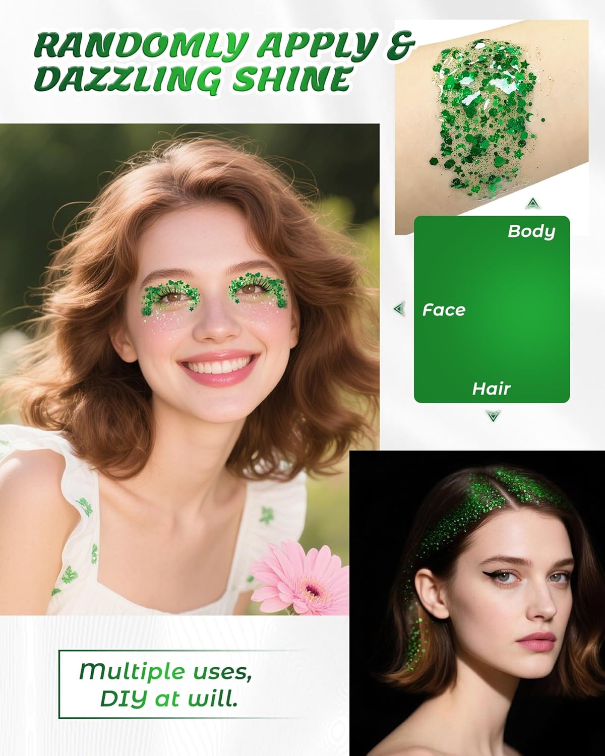 6PCS Green Face & Body Glitter Gel Kit - Holographic Chunky Sequins for Festival, Rave Accessories | Green Face Paint for Women, Kids Sparkling Makeup | Easy to Apply & Wash Off