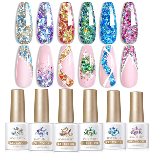 Born Pretty Glitter Gel Nail Polish with Sequins, 6 Pcs Blue Purple Gold Green Hot Pink Long Lasting Sparkly Shiny U V Gel Polish Set for Manicure and Nail Art, DIY at Home, Salon-Quality 7ml | alldaygood beauty