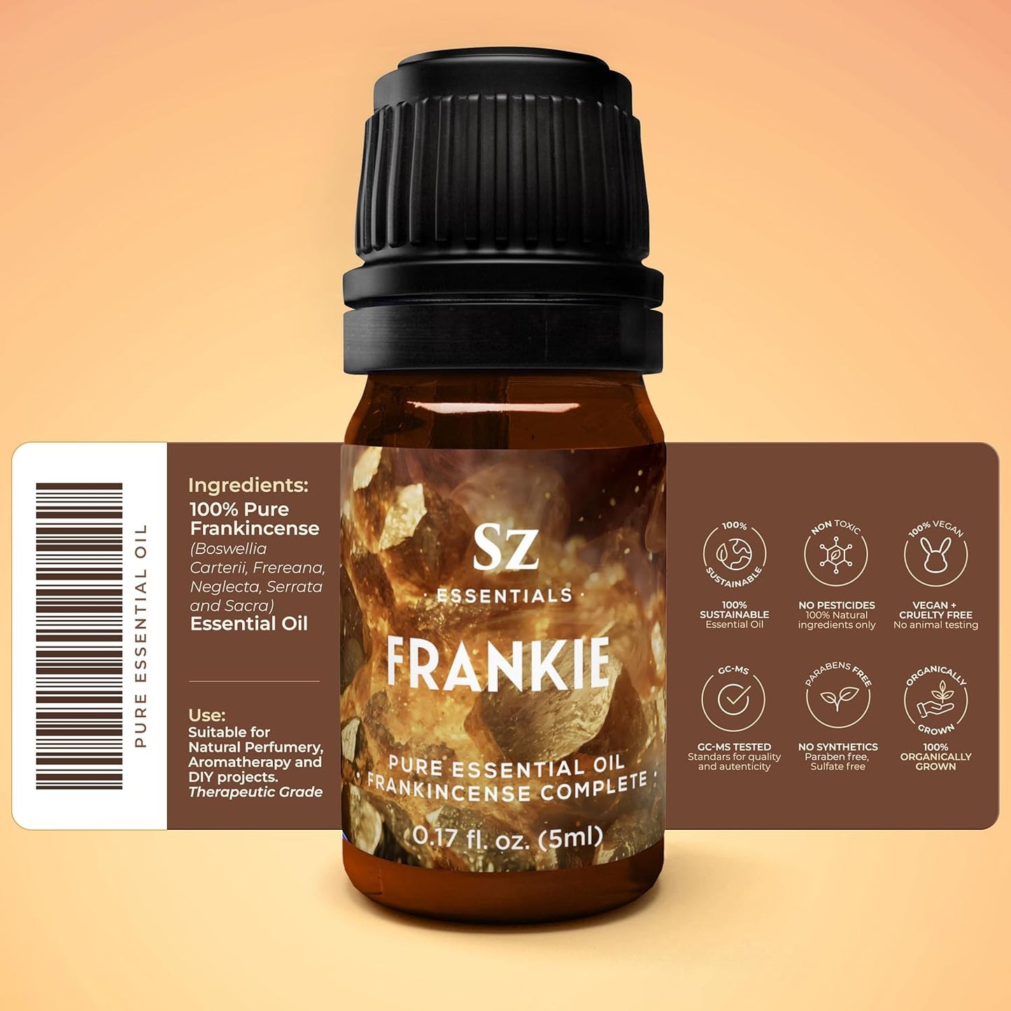 Frankie - Frankincense Complete Pure Essential Oil - 100% Natural and Undiluted - Extracted from 5 top Boswellia Trees - Warm & Rich Balsamic Scent with Hints of Earthy Spice -0.17 oz