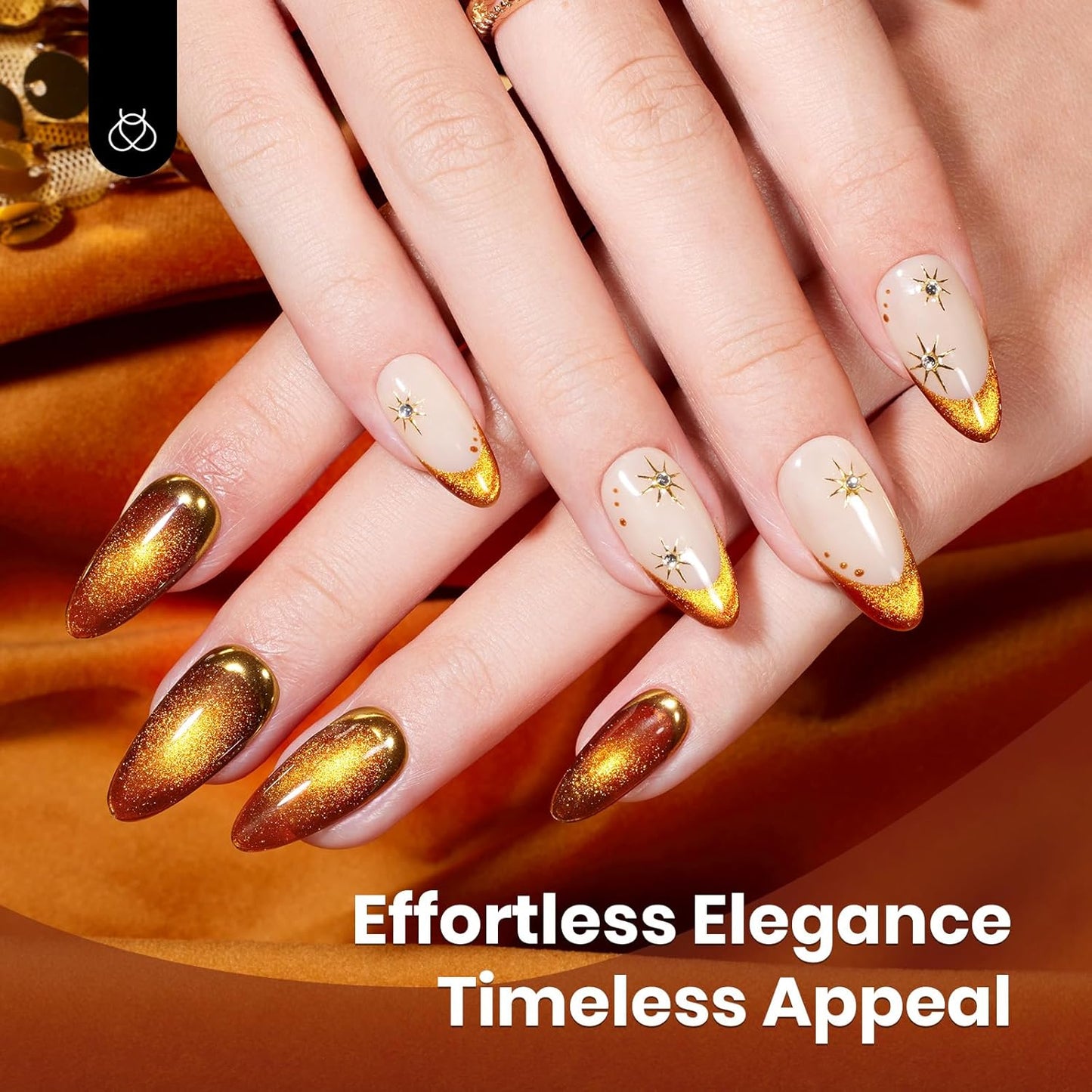 Beetles Brown Cat Eye Gel Nail Polish - Amber Glint Cat Eye Gel Polish, 15ML Fall Brown Gold Powder Magnetic Glitter Gel Polish Soak Off UV French Nail Art Salon DIY Manicure Gift for Women