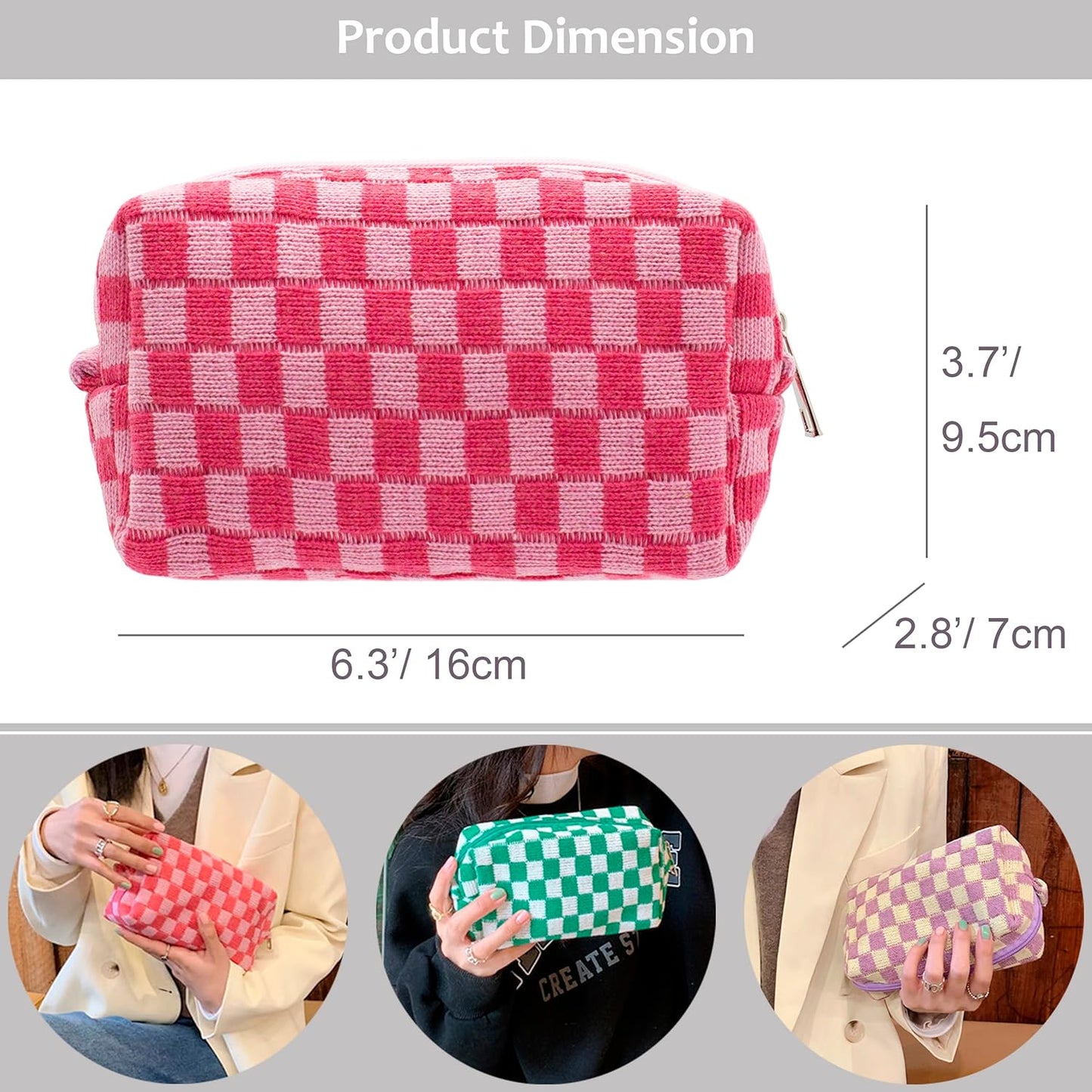 PAZIMIIK Checkered Makeup Bag for Purse Portable Zipper Make Up Pouch Small Cosmetic Case for Travel Accessories (2PCS Hotpink)