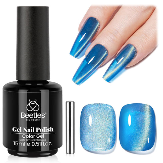 Beetles Blue Cat Eye Gel Nail Polish - 15ML Blue Glass Cat Eye Glitter Magnetic Gel Polish Shimmer Soak Off UV Stellar Whisper Collection Nail Art Design Manicure Gifts for Women | alldaygood beauty