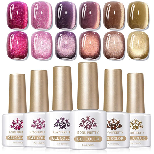 Born Pretty Cat Magnetic Eye Gel Nail Polish, Fall Winter Jelly Glass Magnetic Gel Polish, Purple Brown Pink Nude Glitter Soak Off Nail Art Salon Manicure Home Gift 7ml 6pcs | alldaygood beauty