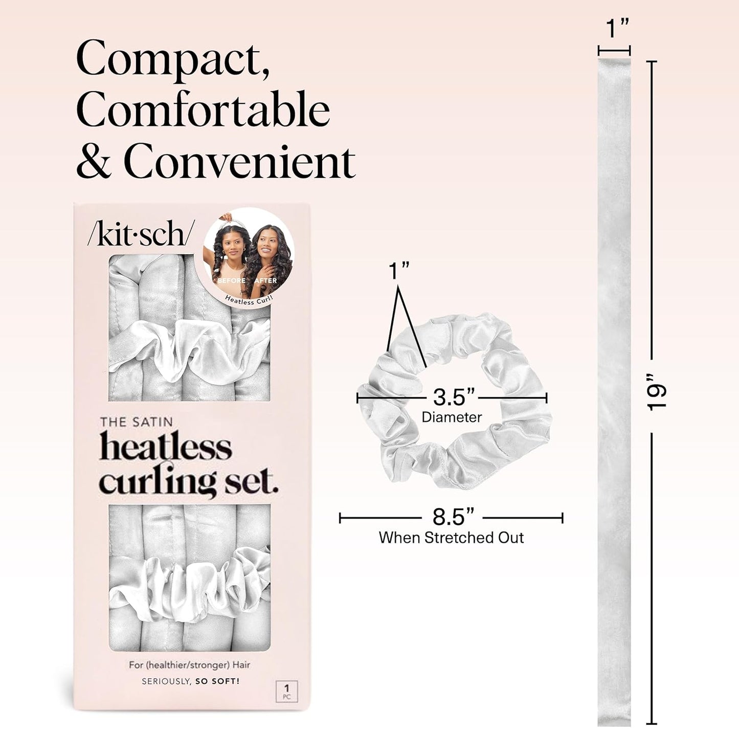 Kitsch Satin Heatless Hair Curler Set - Heatless Curls Overnight, Hair Rollers for Soft Curls & Frizz-Free Styling, No Heat Curlers To Sleep in, Curling Rod Headband with 2 Scrunchies - Ivory