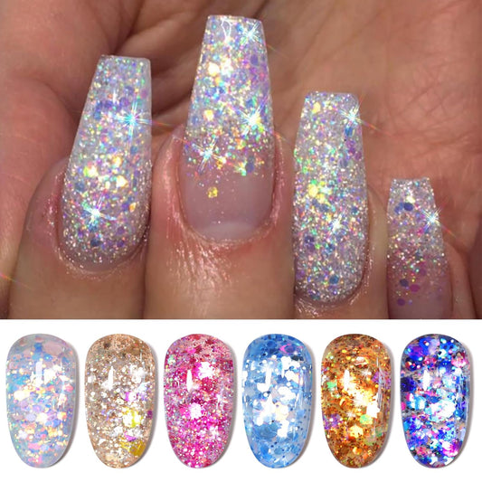 Born Pretty Glitter Sequins Gel Nail Polish, Sparkle Shiny Gel Polish, Pink Blue Gold Platinum Holiday Gift Gel Polish Design, Nail Art Starter Manicure Salon DIY at Home 7ML 6PCS | alldaygood beauty