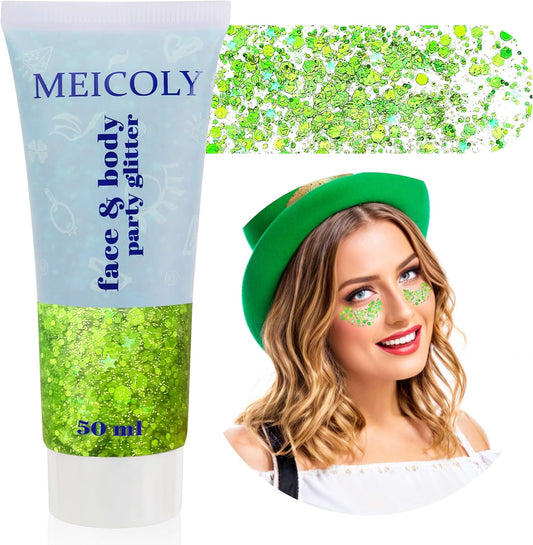 MEICOLY St Patricks Day Accessories,St Patricks Day Outfits for Women,Lime Green Face Glitter,Light Green Body Glitter,Glitter Face Paint for Party Festival,Chunky Glitter Makeup for Face/Body/Hair
