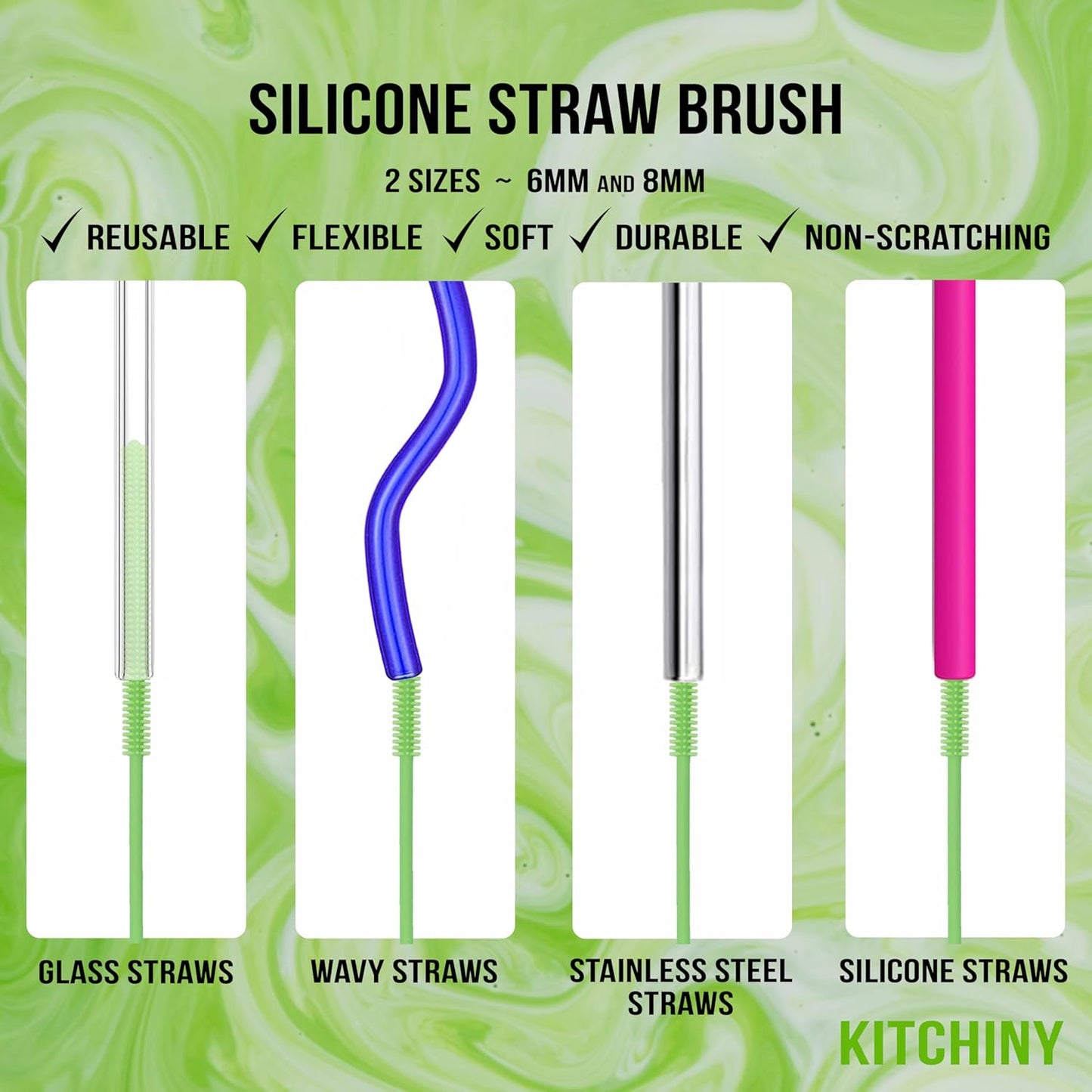 12.5" Silicone Bottle Brush & Straw Cleaner Brush Set | Water Bottle Cleaner for Hydro Flasks, Tumblers, Glassware, Vases and Narrow Neck Containers