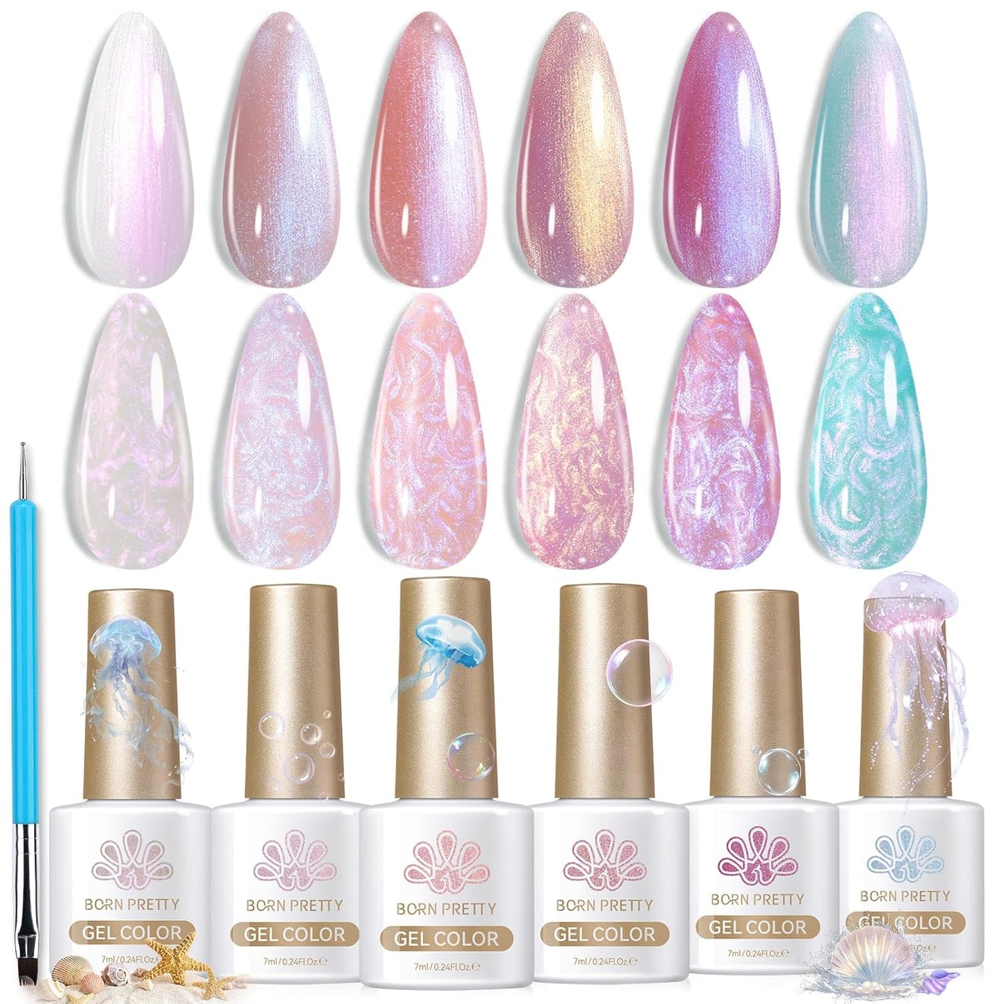 Born Pretty Pearl Gel Nail Polish Aurora Iridescent Glitter Shimmer Mermaid Pearl Gel Polish Drawing Gel Nail Polish Shell Swirl Thread Effect Nail Gel Soak Off Led Summer DIY Gift 6PCS