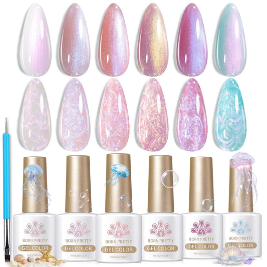 Born Pretty Pearl Gel Nail Polish Aurora Iridescent Glitter Shimmer Mermaid Pearl Gel Polish Drawing Gel Nail Polish Shell Swirl Thread Effect Nail Gel Soak Off Led Summer DIY Gift 6PCS | alldaygood beauty