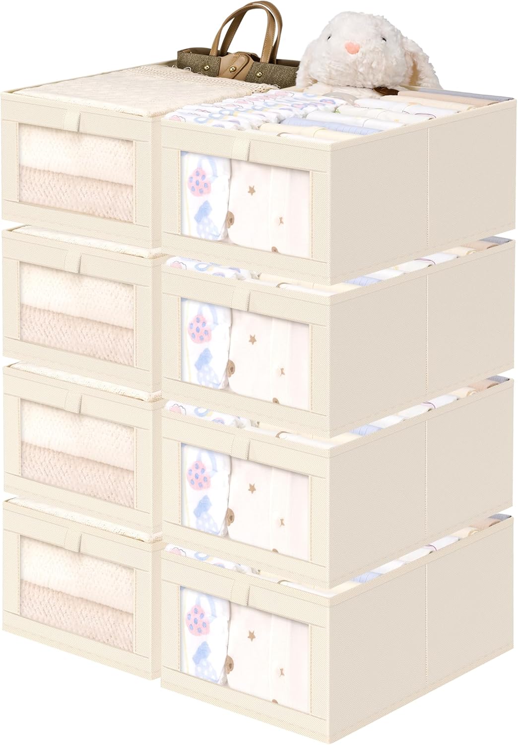 Criusia Linen Closet Organizers and Storage, 8 Pack Large Linen Closet Baskets with Mesh Window for Organization, Foldable Closet Organizer for Clothing, Towels, Toys, Nursery, Books, Shelves, Beige