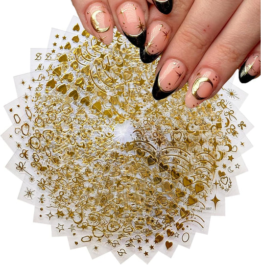 30Sheets Gold Nail Art Stickers Star Line 3D Self Adhesive Nail Stickers for Nail Art Moon Stars Nail Decals Heart Nail for Women and Girls Manicure DIY Decoration | alldaygood beauty